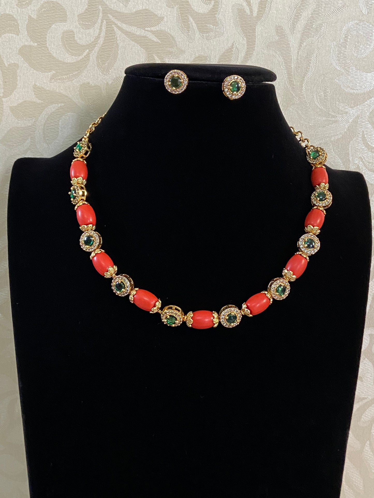 Coral Beads & AD Necklace