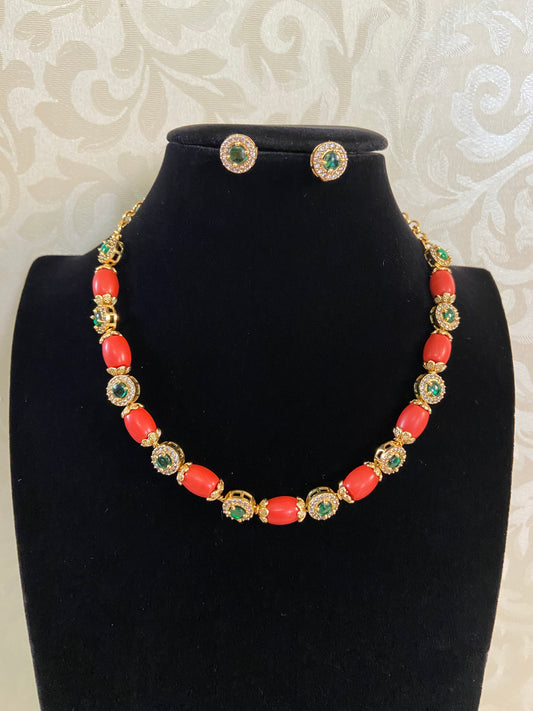 Coral Beads & AD Necklace