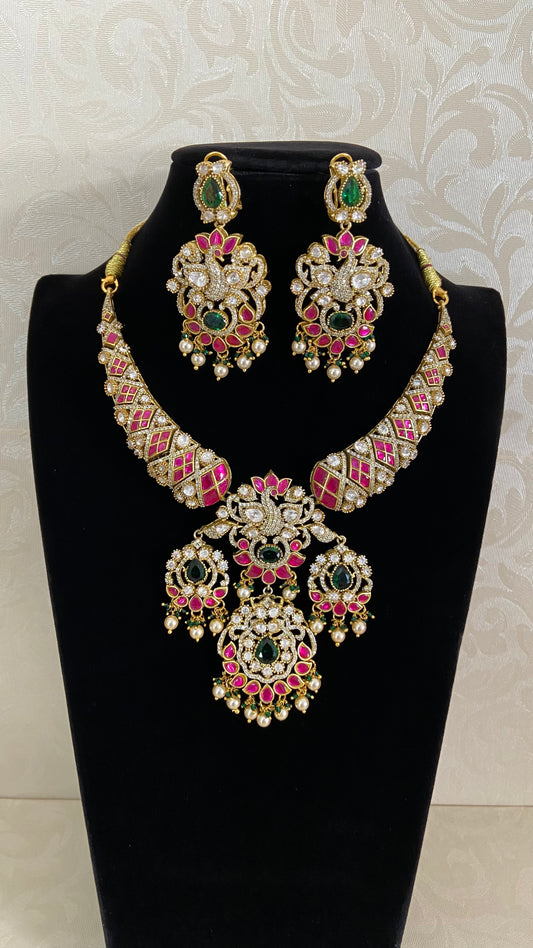 Moissanite & Jadau Fusion Bridal Necklace With Earrings | Indian Jewelry