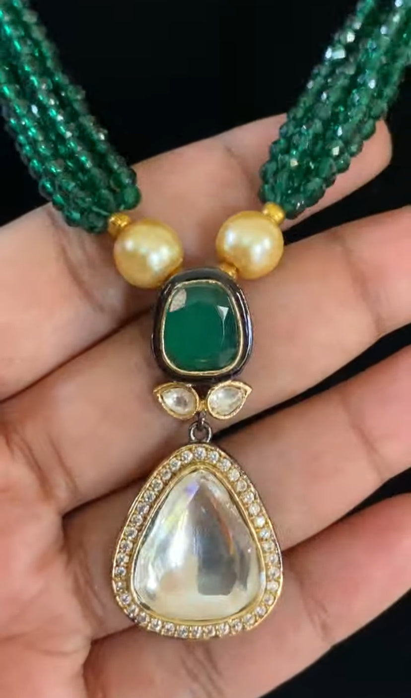 Polki Kundan Pendant Beads Mala Necklace | Indian Jewelry