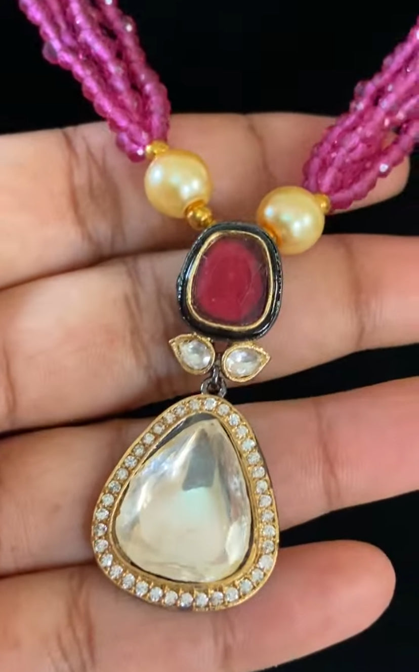 Polki Kundan Pendant Beads Mala Necklace | Indian Jewelry
