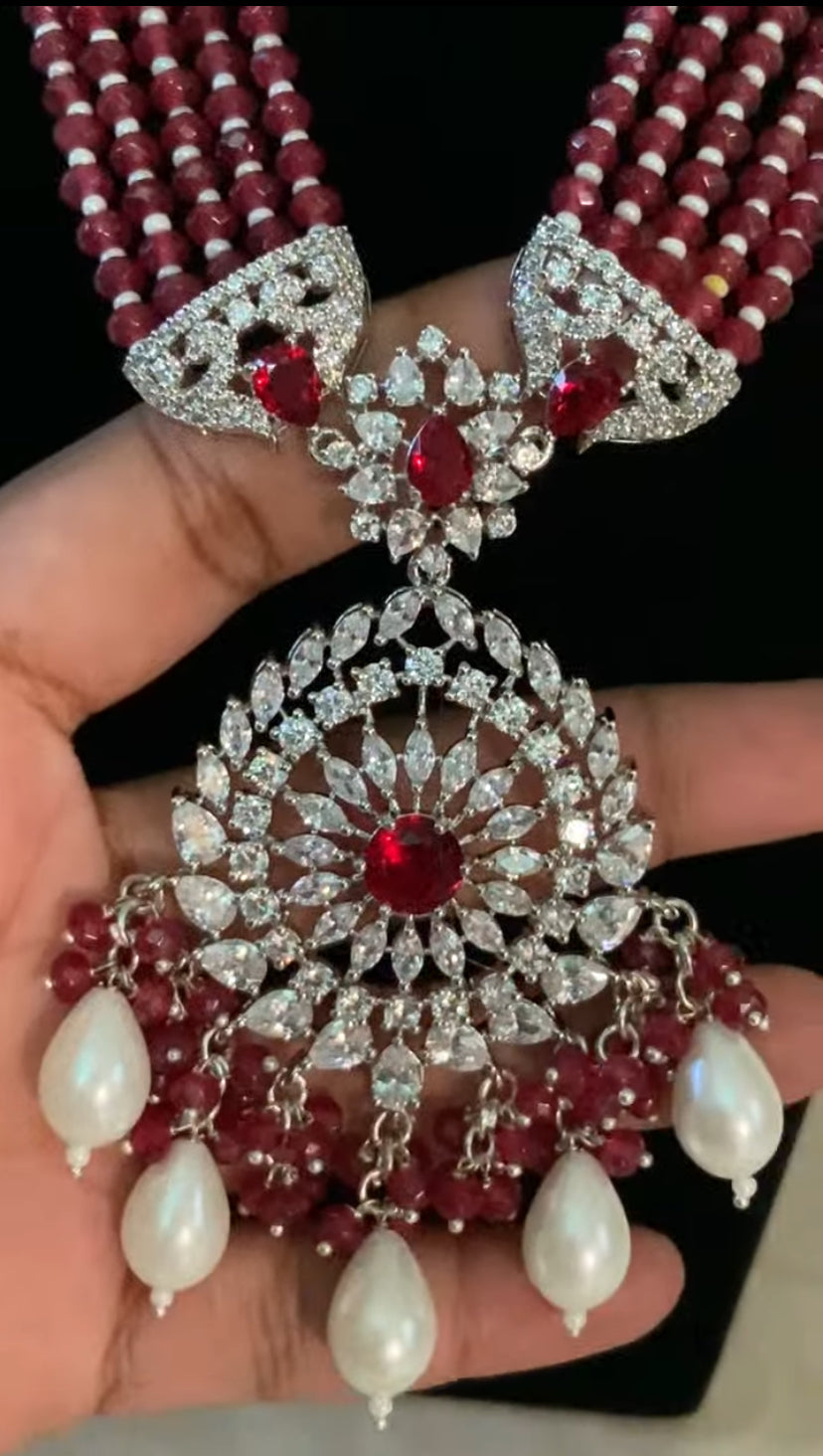 AD Pendant Beads Long Necklace With Earrings | Indian Jewelry
