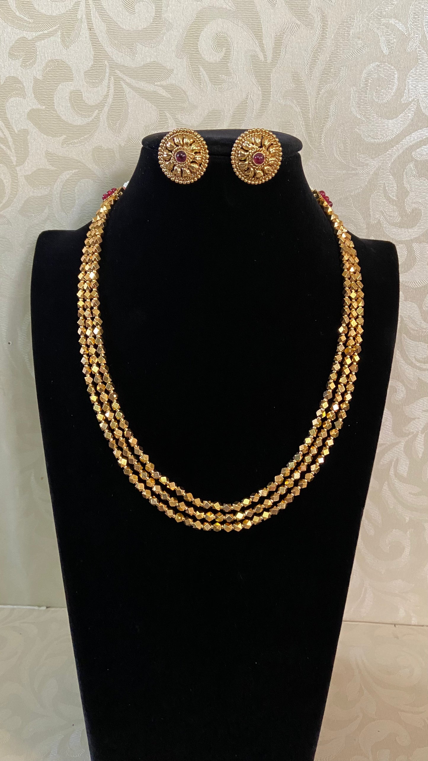 3 Lines Gold Beads Necklace With Studs | Indian Jewelry In USA
