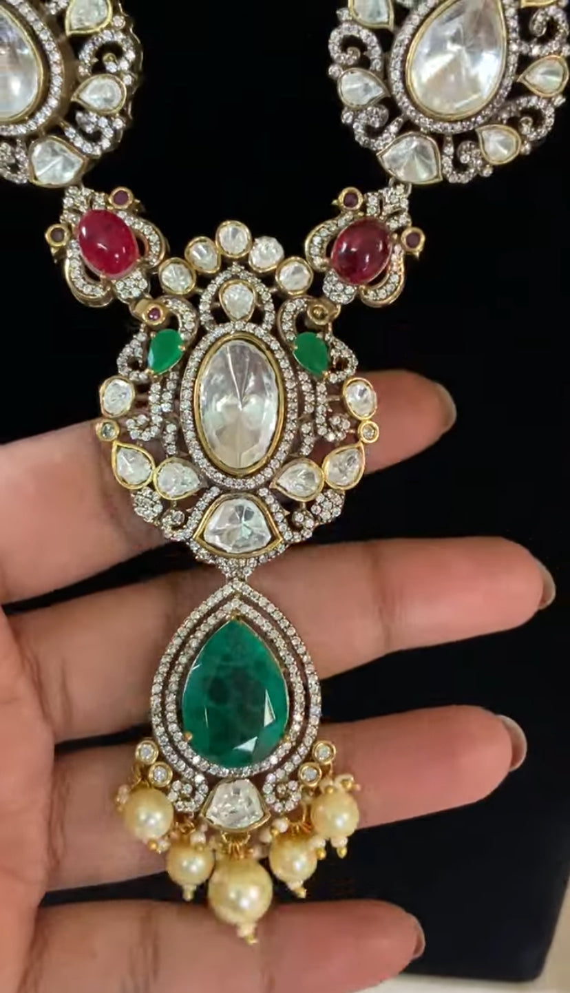 Moissanite Kundan & Pearl Necklace With Earrings
