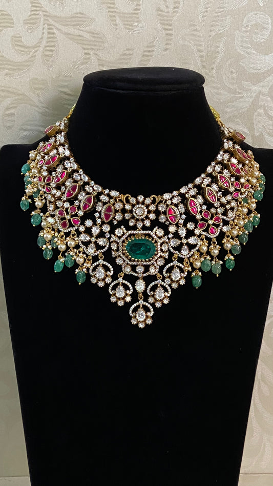 Moissanite & Jadau Fusion Bridal Choker With Earrings | Indian Jewelry