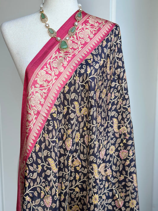 Black & Coral Floral Print Art Silk Dupatta