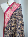 Black & Coral Floral Print Art Silk Dupatta