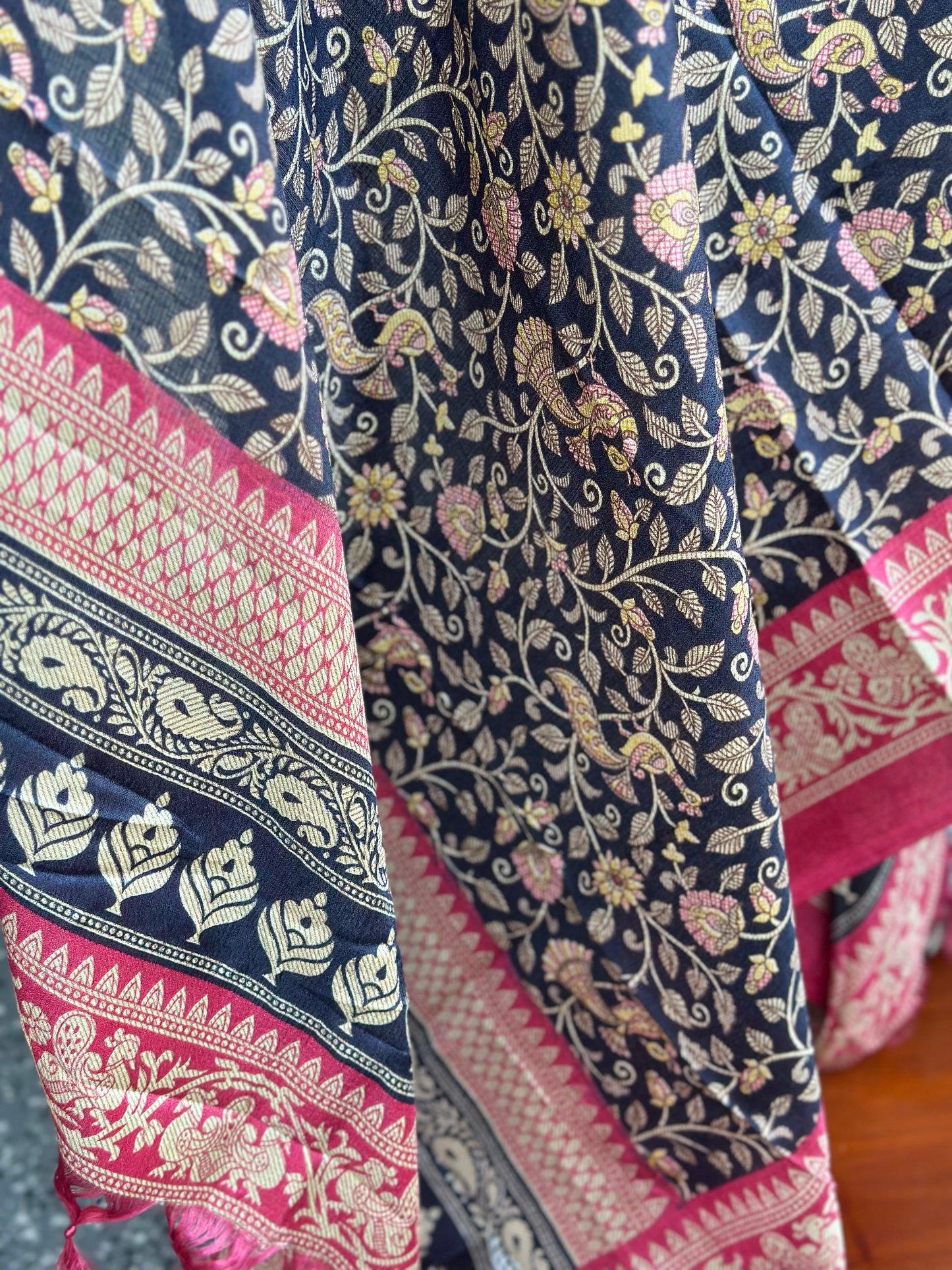 Black & Coral Floral Print Art Silk Dupatta