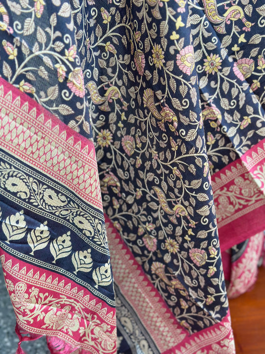 Black & Coral Floral Print Art Silk Dupatta