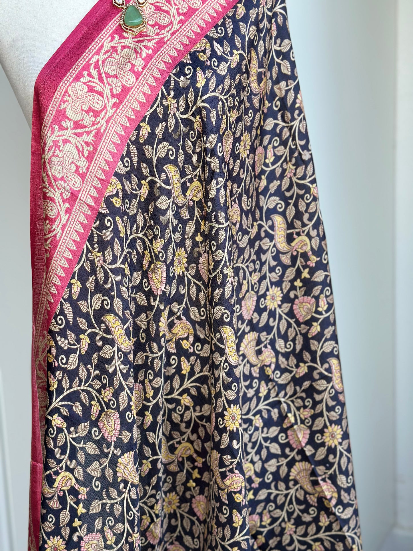 Black & Coral Floral Print Art Silk Dupatta