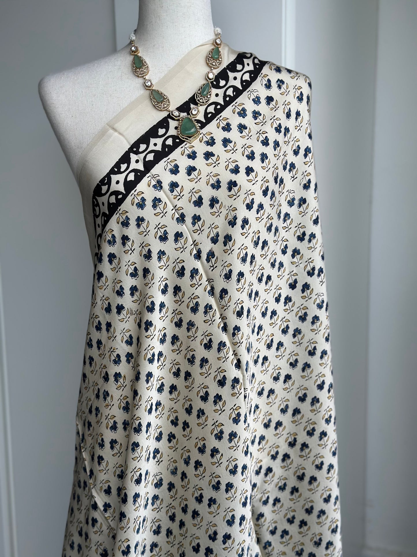 Beige & Blue Modal Silk Dupatta | Hand Block Printed Ajrakh Dupatta