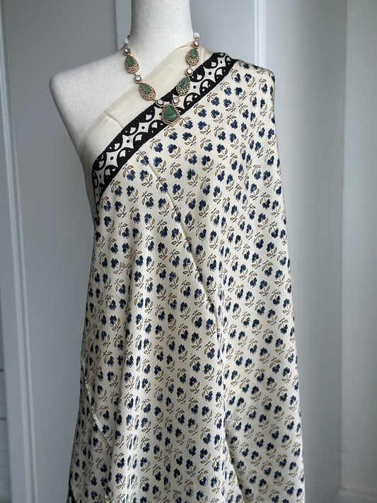 Beige & Blue Modal Silk Dupatta | Hand Block Printed Ajrakh Dupatta