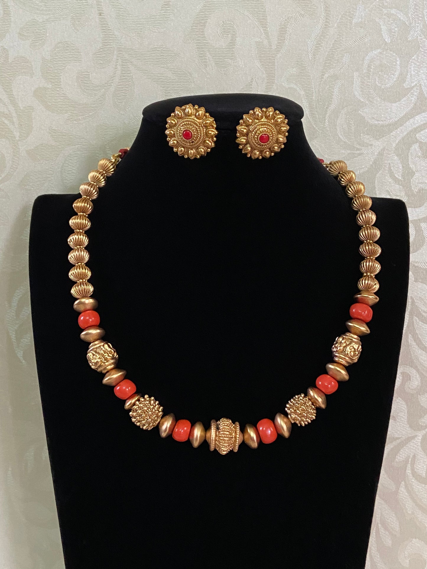 Coral & Gold Beads  Necklace | Indian jewelry in USA