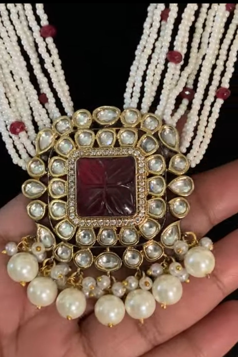 Carved Kundan  Pendant Pearl Mala| Indian Pearl Necklace With Earrings