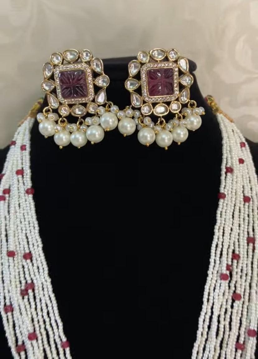 Carved Kundan  Pendant Pearl Mala| Indian Pearl Necklace With Earrings