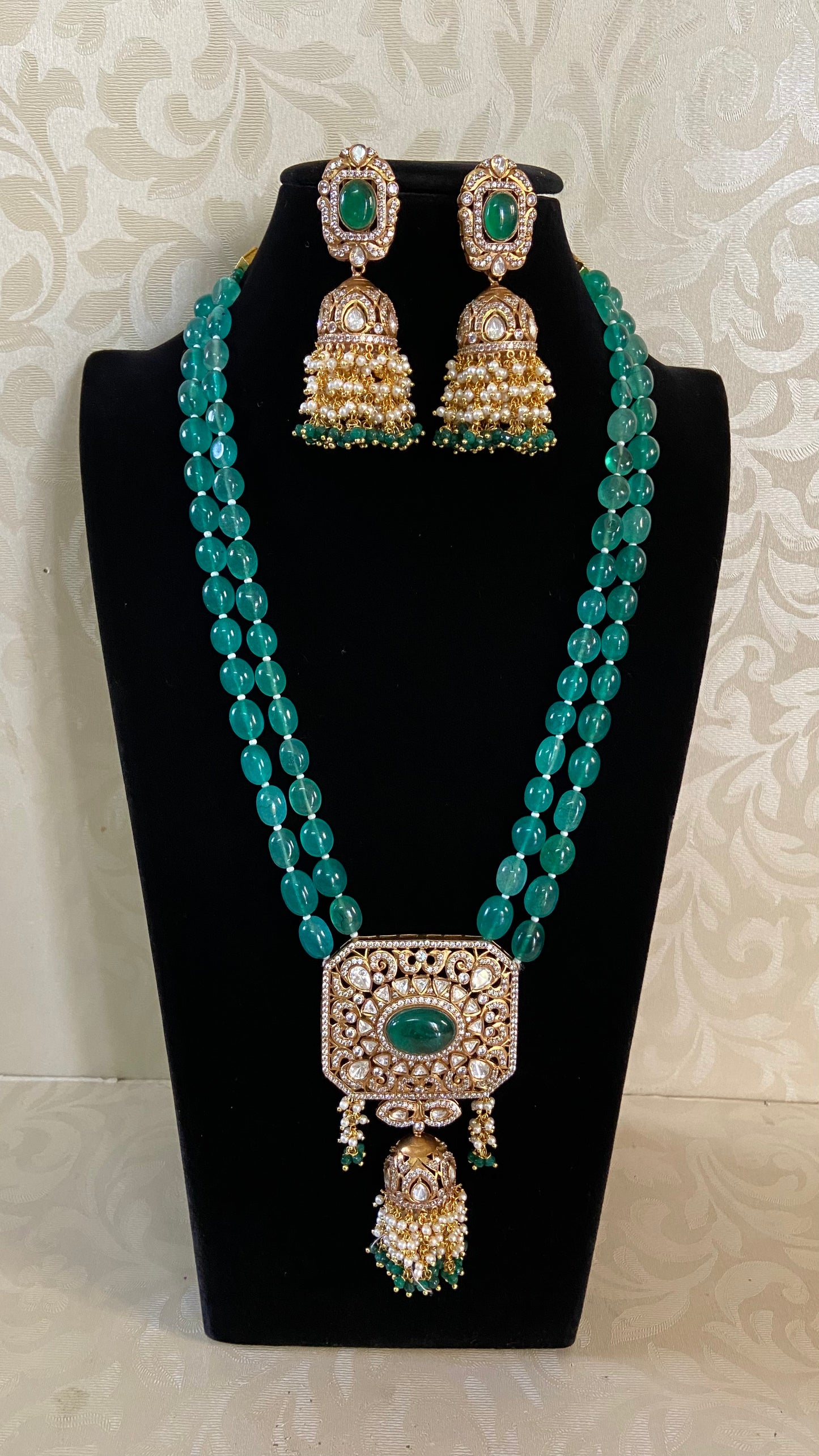 Polki Pendant Green Beads Necklace With Jumkis | Indian jewelry