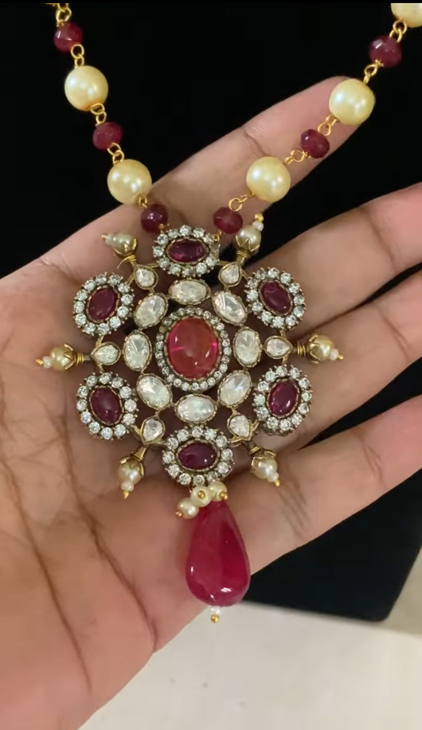 AD Victorian Pendant Pearl Nacklace With Earrings | Indian Traditional Jewelry