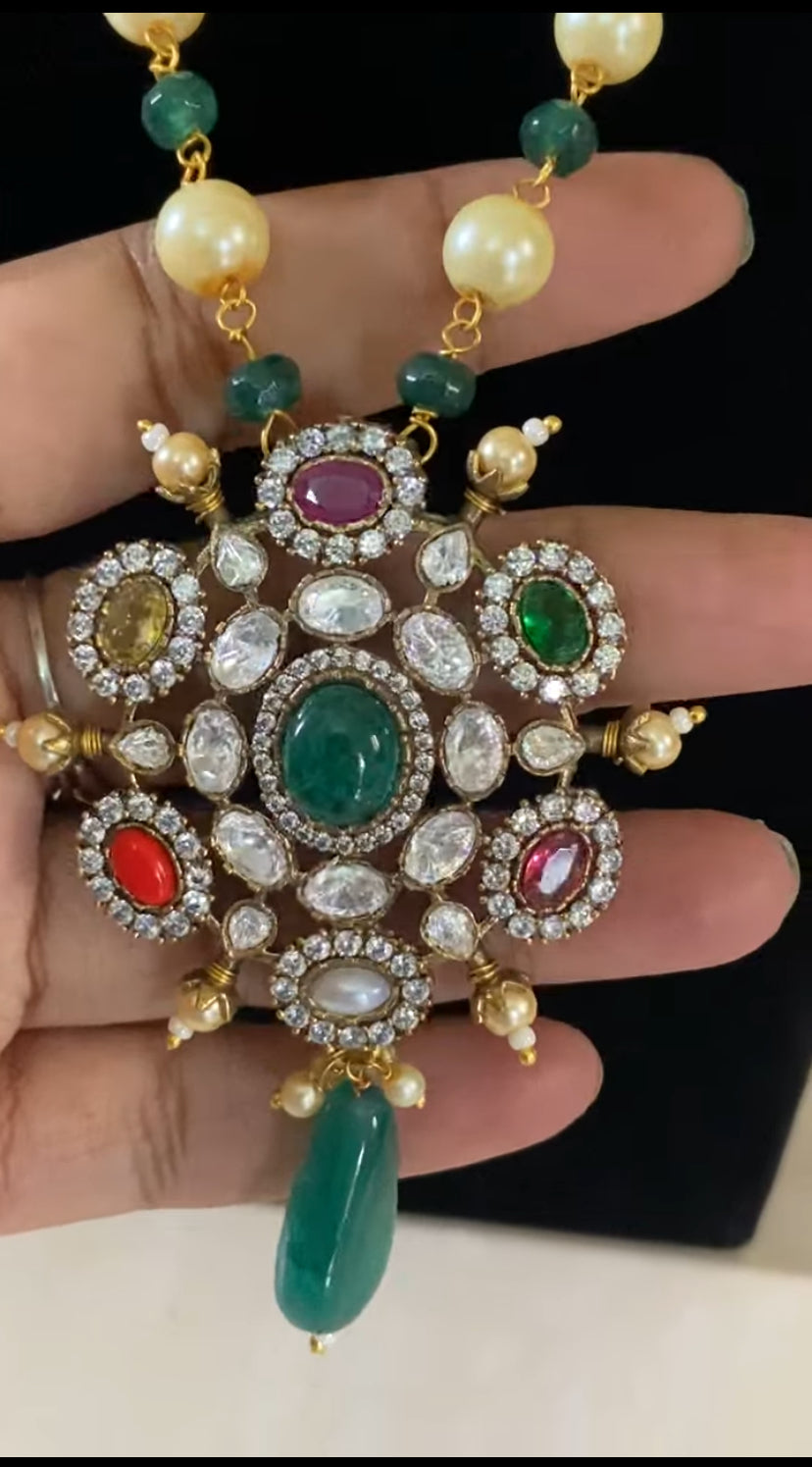 AD Victorian Pendant Pearl Nacklace With Earrings | Indian Traditional Jewelry