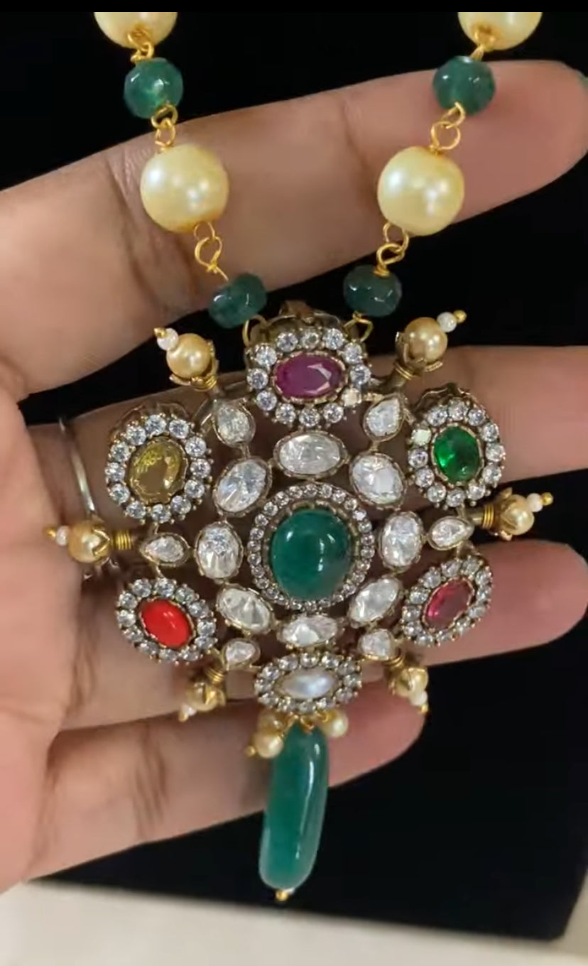 AD Victorian Pendant Pearl Nacklace With Earrings | Indian Traditional Jewelry