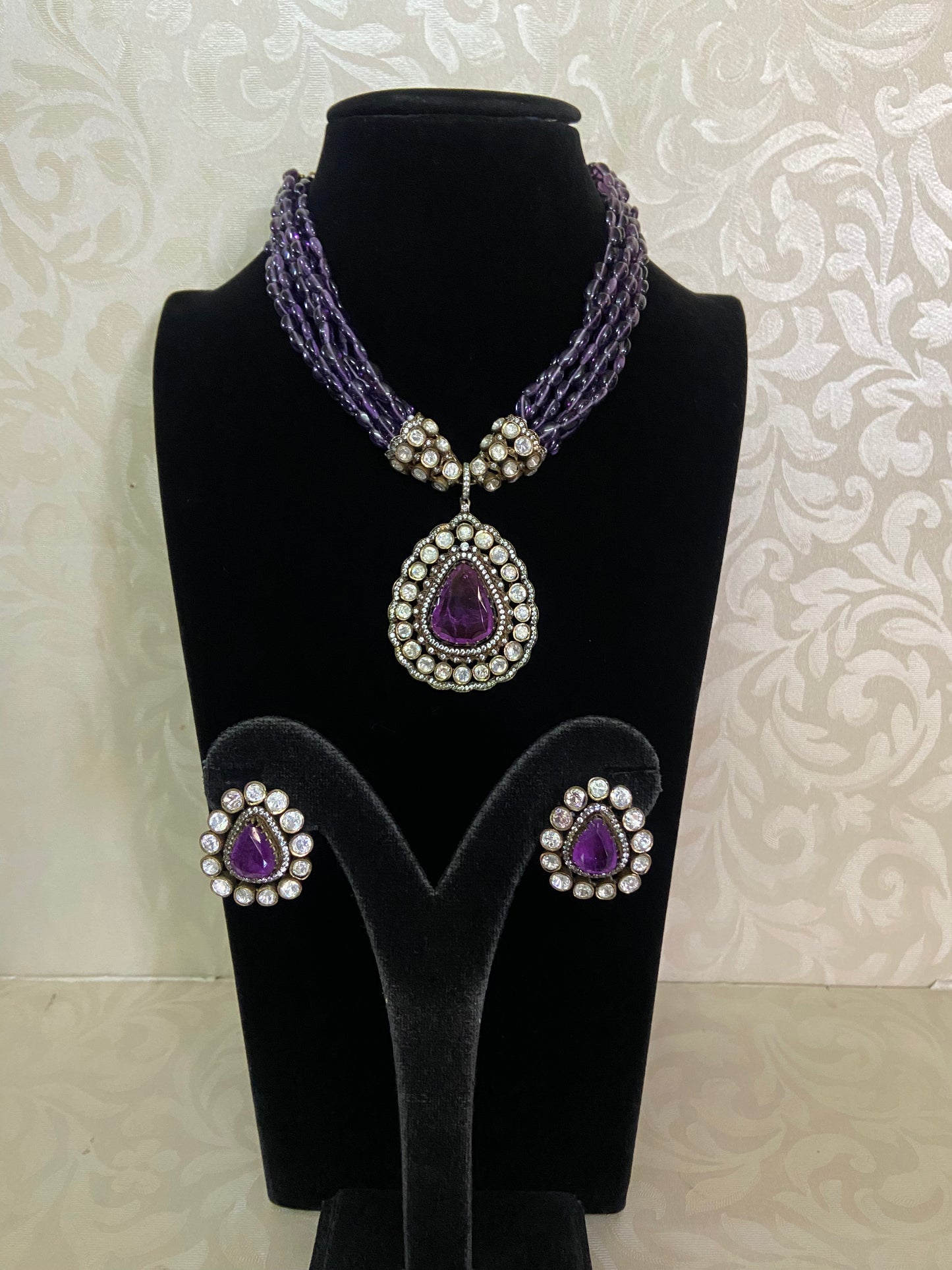 Victorian Moissanite Pendant Beads Necklace Set | Partywear Necklace | Gift Idea