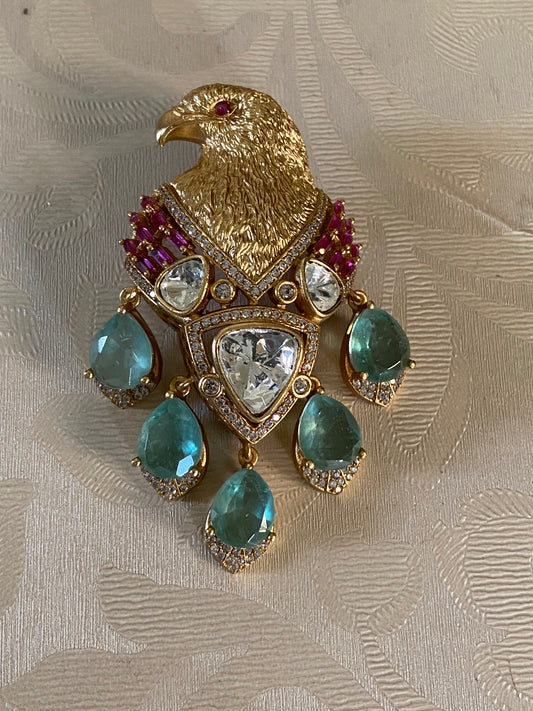 Polki  Ruby Green Garuda Brooch | Multipurpose Brooch Pin | Indian Jewelry