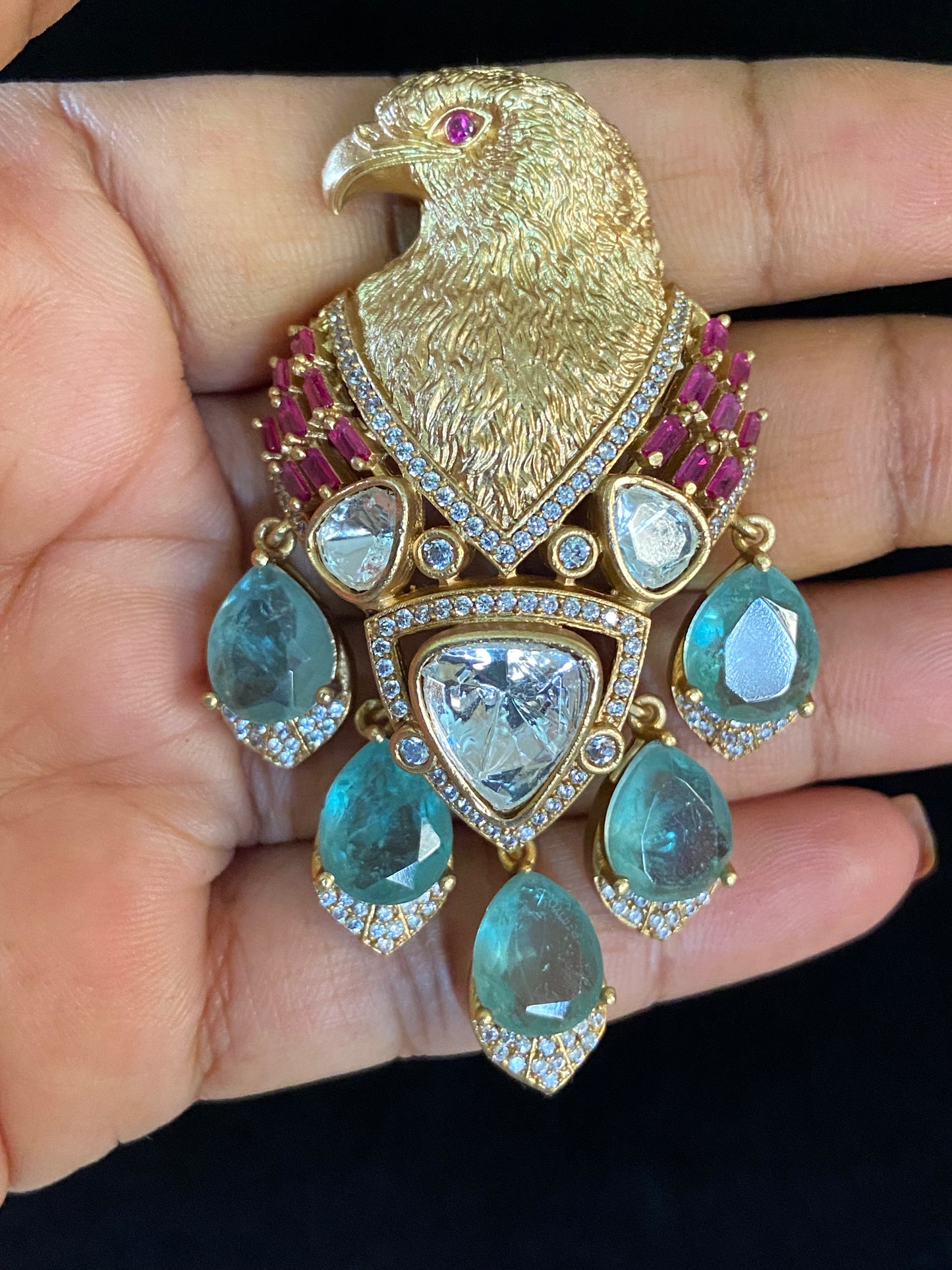 Polki  Ruby Green Garuda Brooch | Multipurpose Brooch Pin | Indian Jewelry