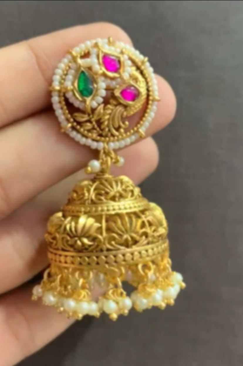 Pearl & Kundan Stud Jumki Earrings |  Indian Jumkis