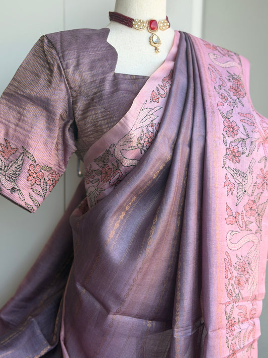 Tussar kantha Work Saree |  Party wear saree | Hand Embroidery Sarees in USA