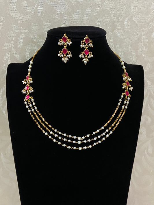 Triple Layer Pearl & Kundan Necklace With Earrings |  Indian Necklace