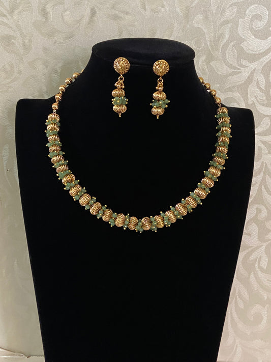 Gold Beads& Small Green Beads Necklace | Indian jewelry in USA