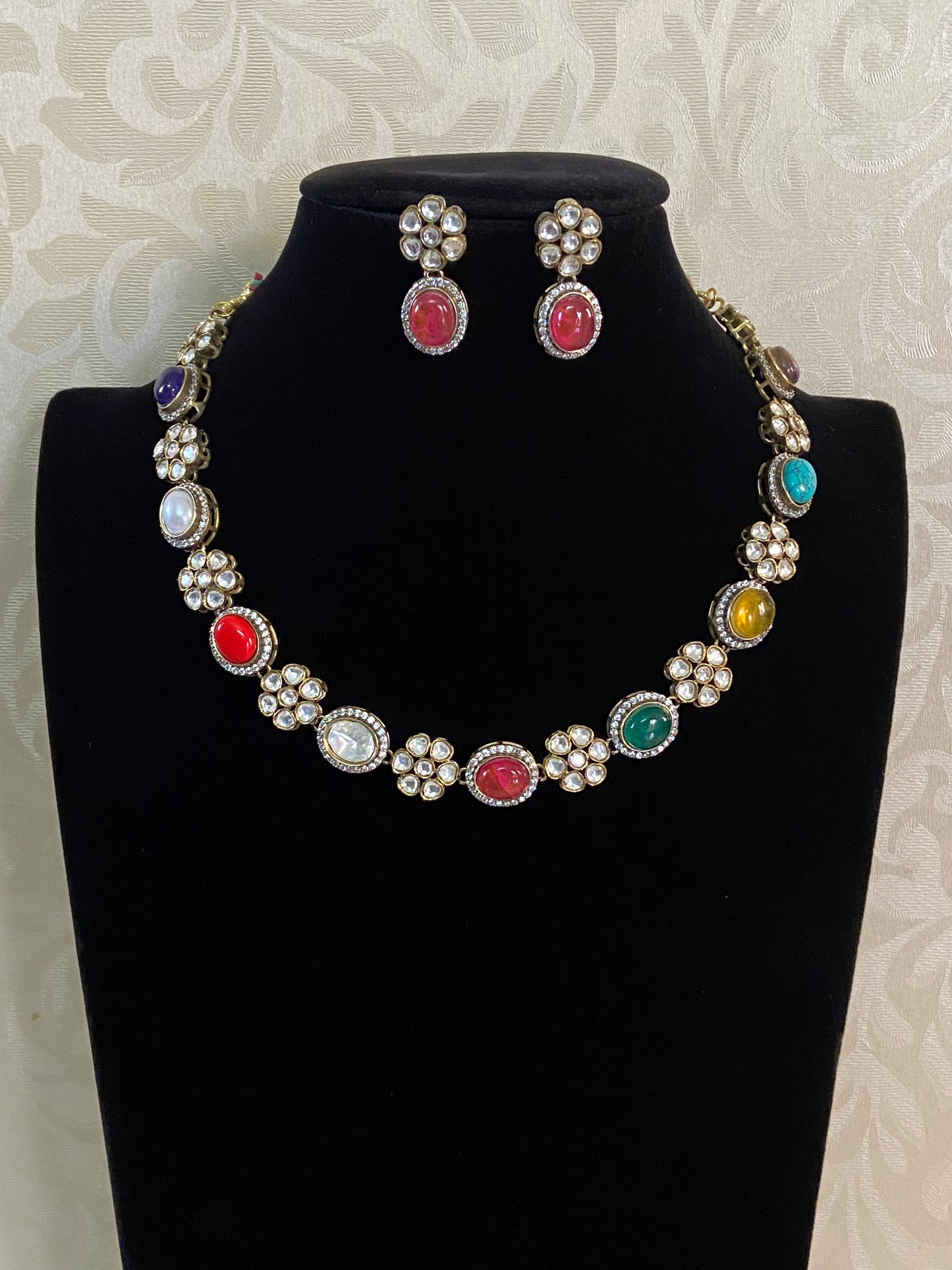 Premium  Victorian Polki Navratan Kundan Necklace Set | Exclusive Necklace