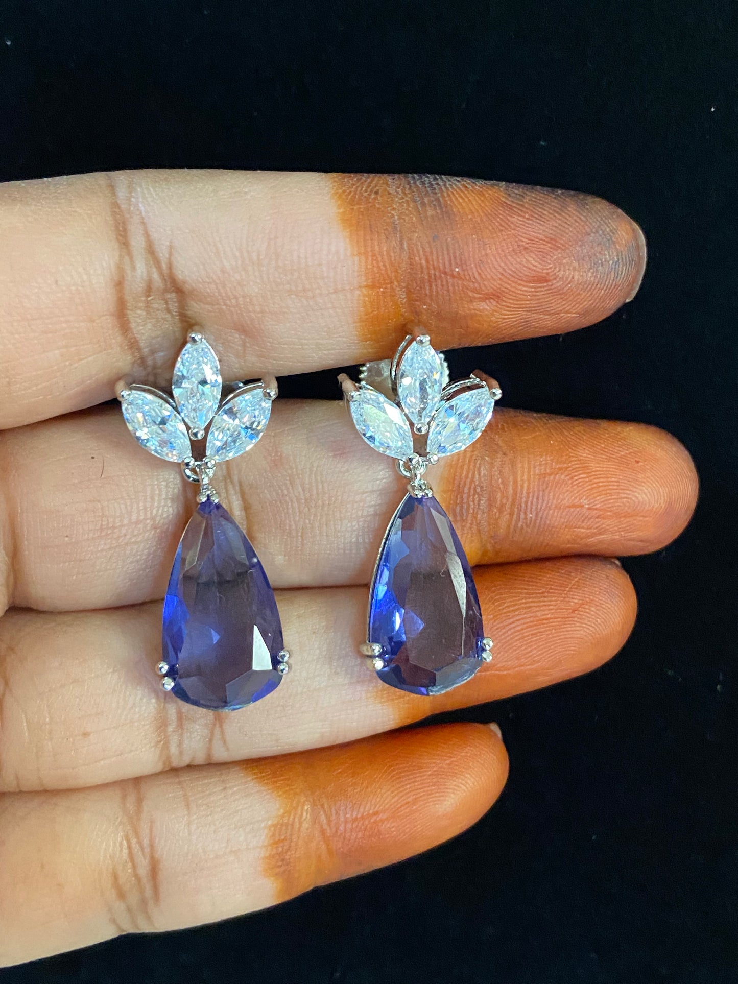 Rhodium CZ Classic Earrings | CZ Purple Earrings