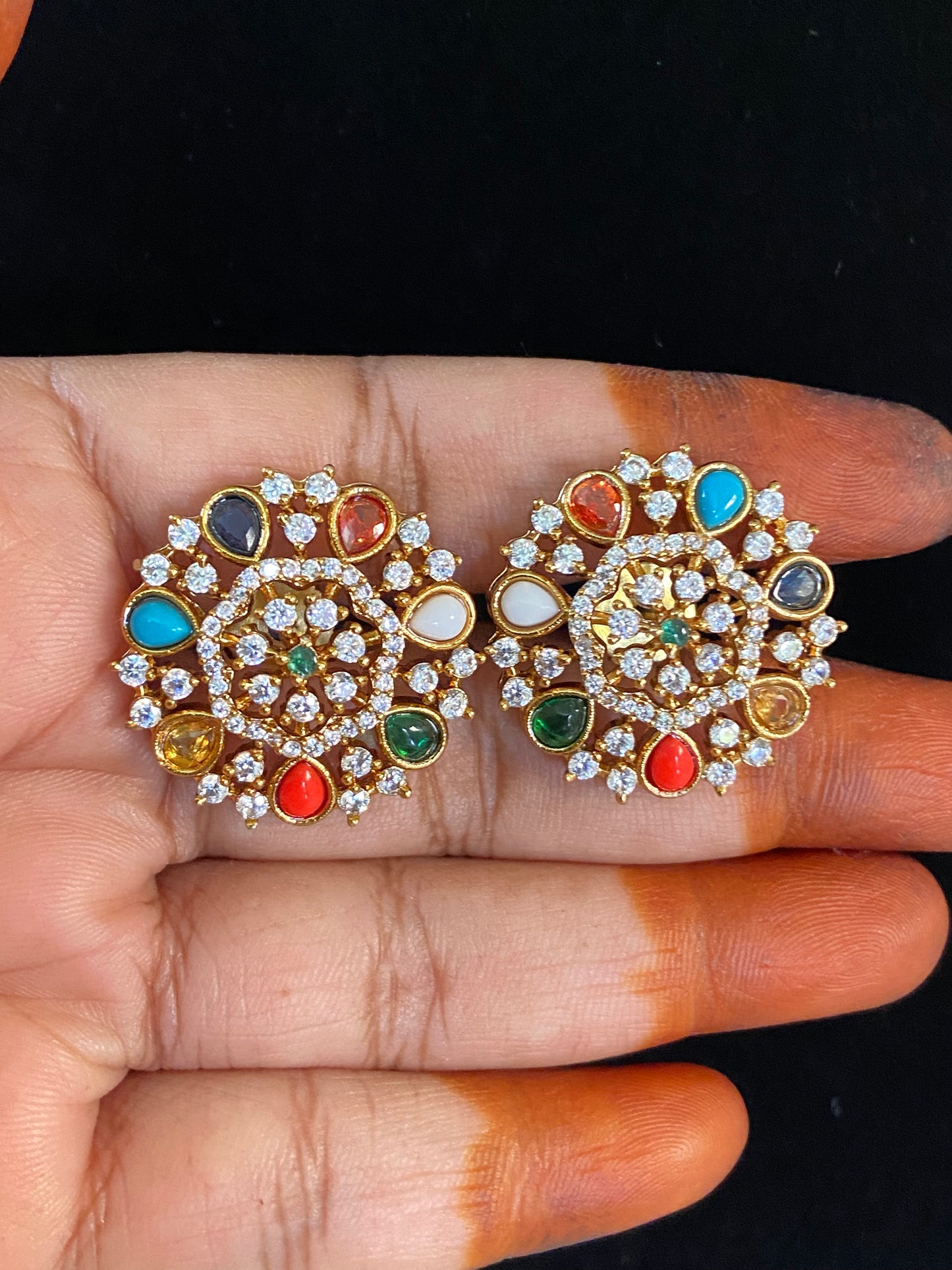 Multicolour & AD Big Size Studs | Indian Earrings | Gift Idea | Navratan Earrings