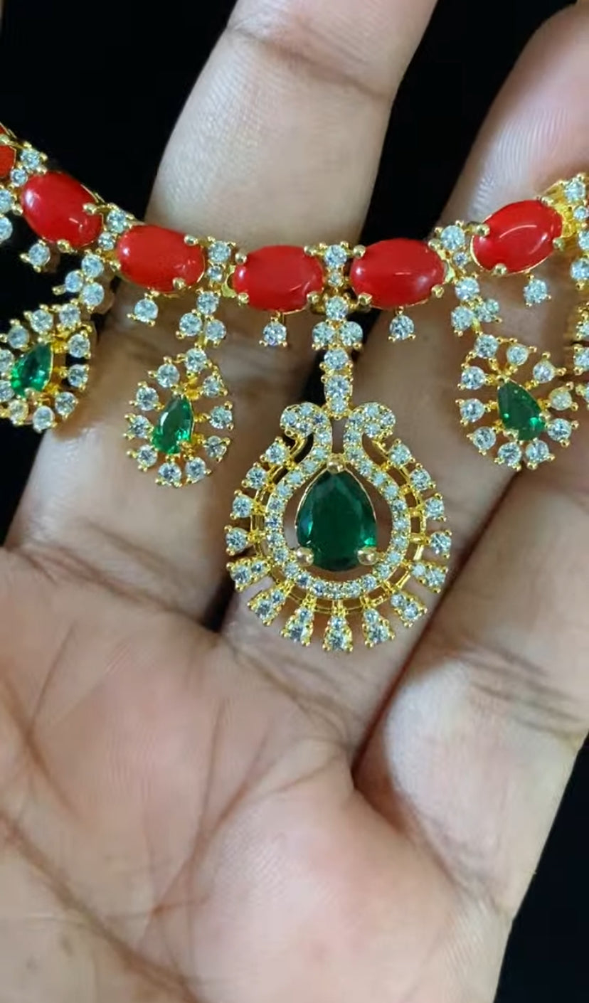 CZ Coral Green Stone Necklace | Indian Necklace