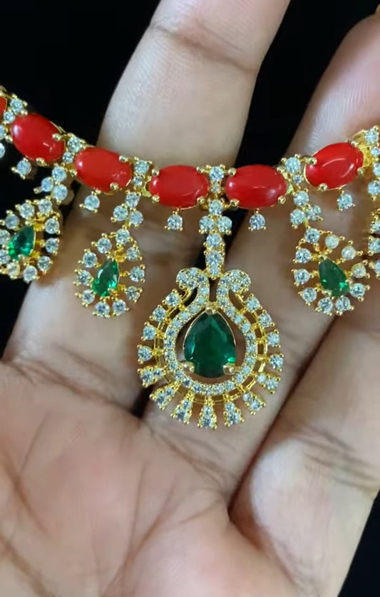 CZ Coral Green Stone Necklace | Indian Necklace