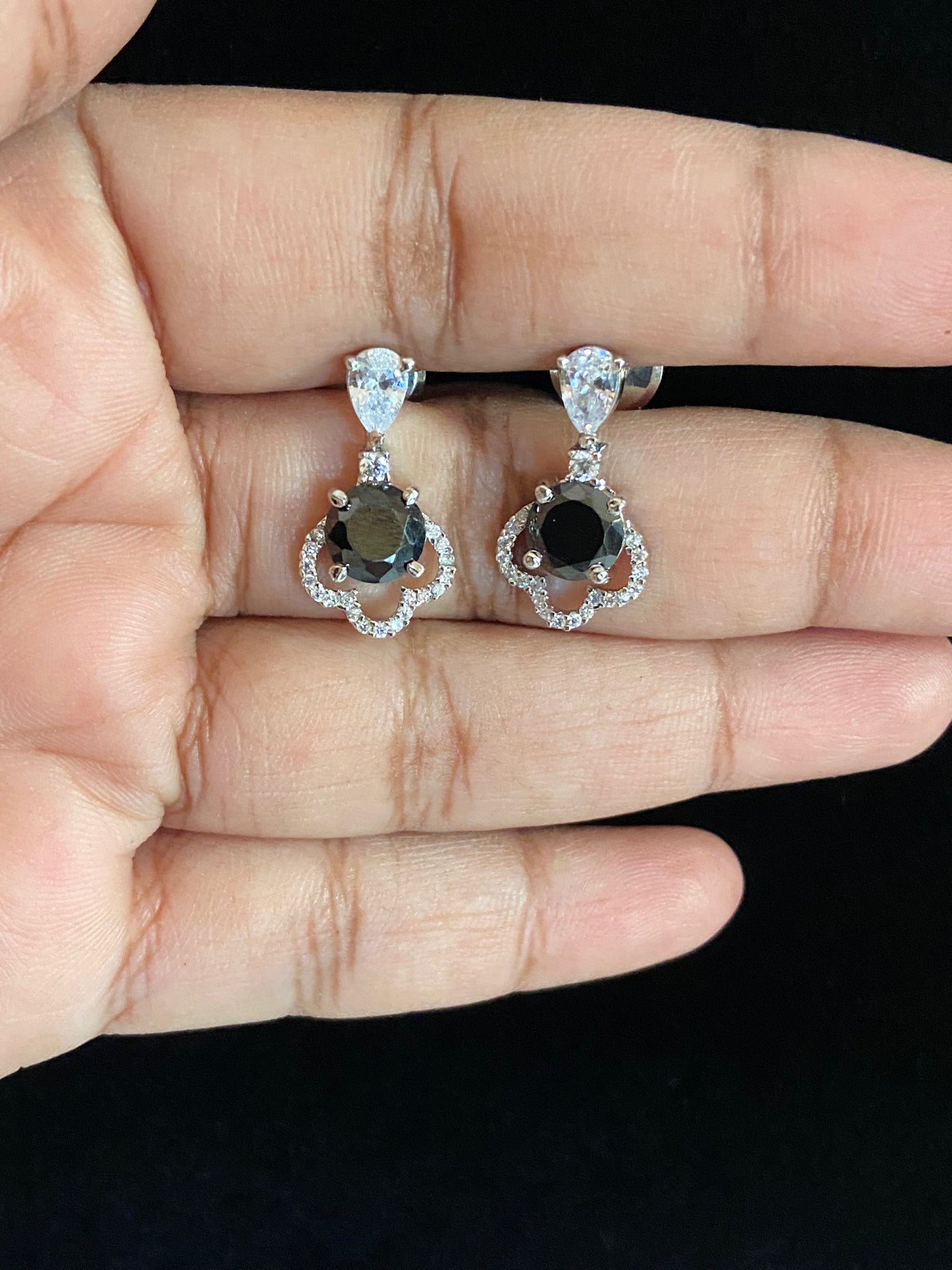 Black stone Rhodium AD Earrings