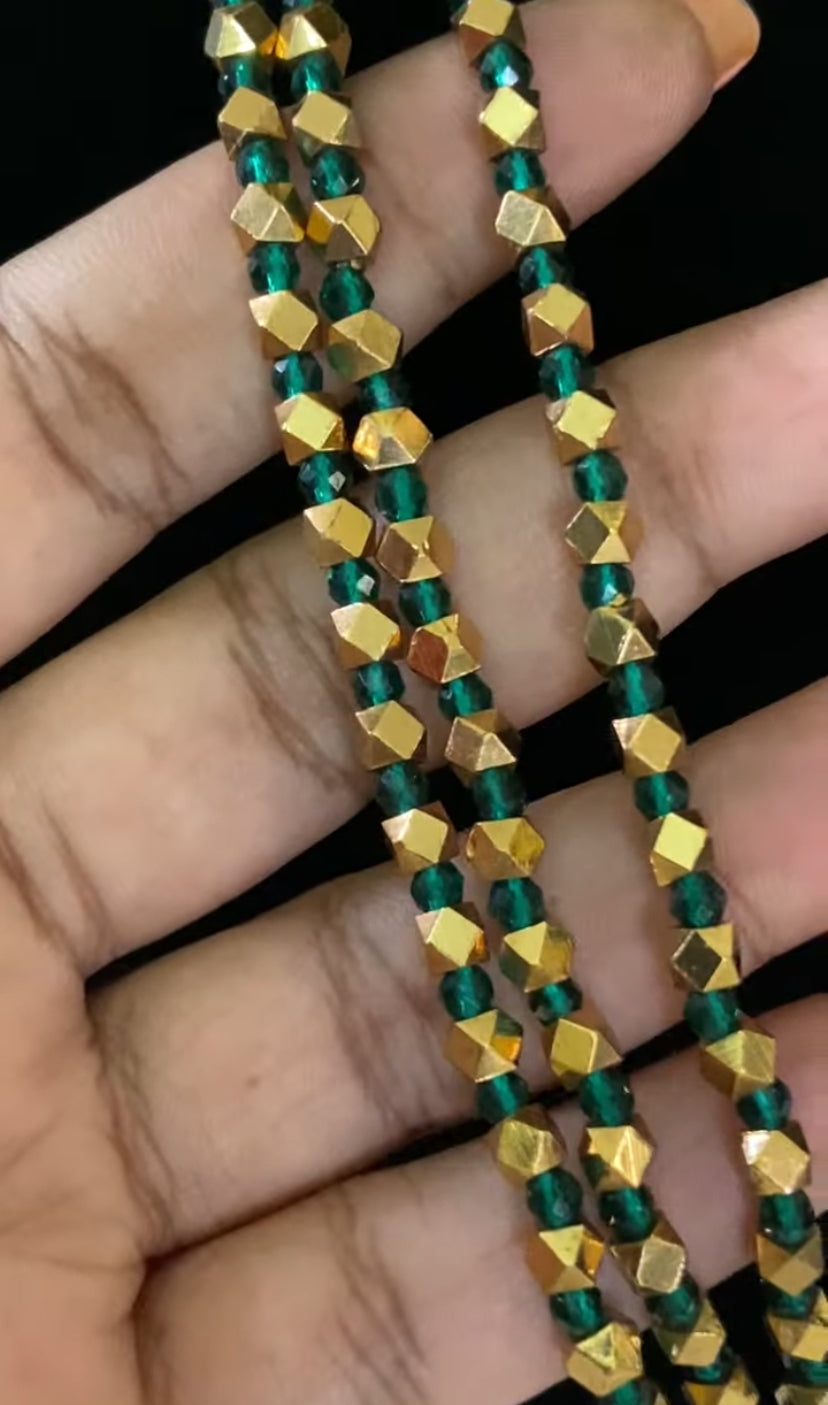 Golden & Green Beads Necklace With Studs | 3 layears Necklace