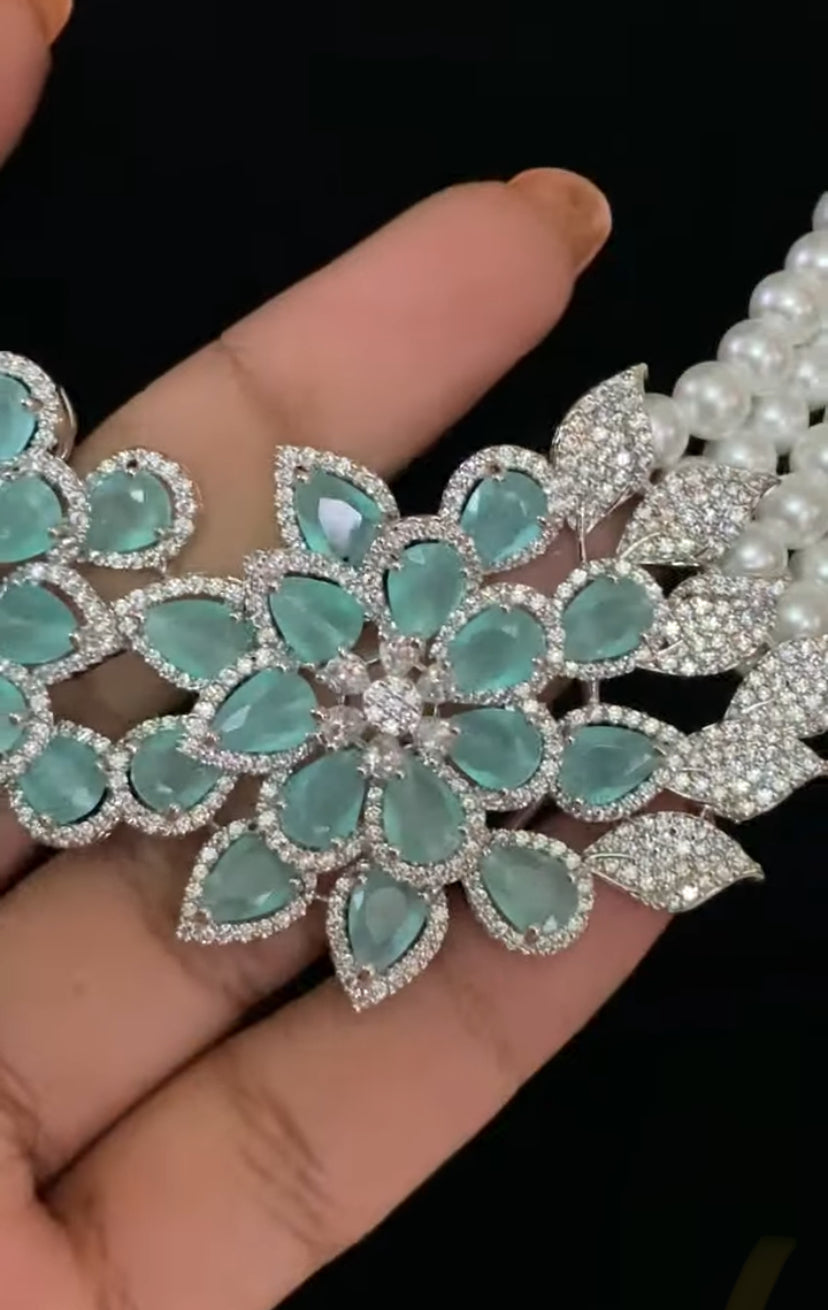 AD Mint Green Moti Necklace With Earrings | AD Rhodium Pearl Necklace |  Gift Idea