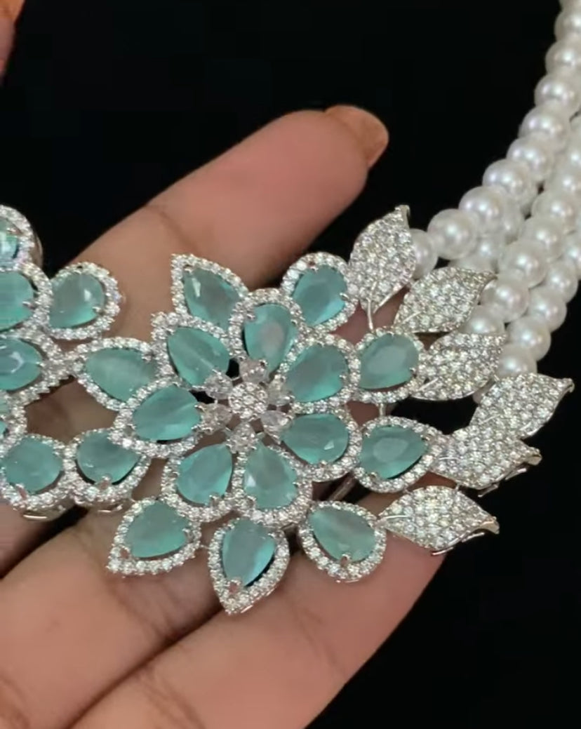 AD Mint Green Moti Necklace With Earrings | AD Rhodium Pearl Necklace |  Gift Idea