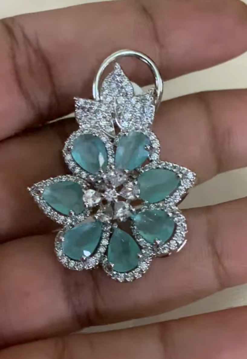 AD Mint Green Moti Necklace With Earrings | AD Rhodium Pearl Necklace |  Gift Idea