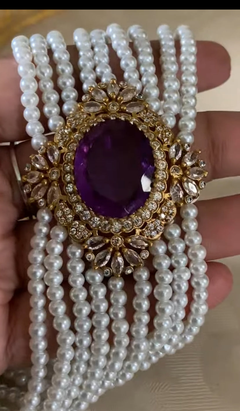 CZ Kundan  Pearl Choker Set | Antique Indian Necklace