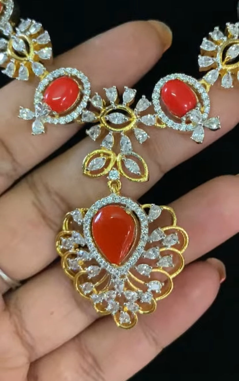 AD Coral & Emerald Necklace With Earrings | Indian Necklace