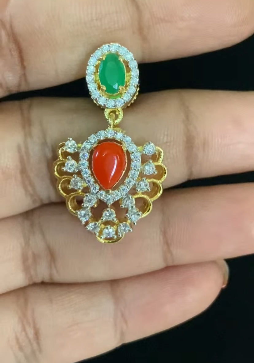 AD Coral & Emerald Necklace With Earrings | Indian Necklace