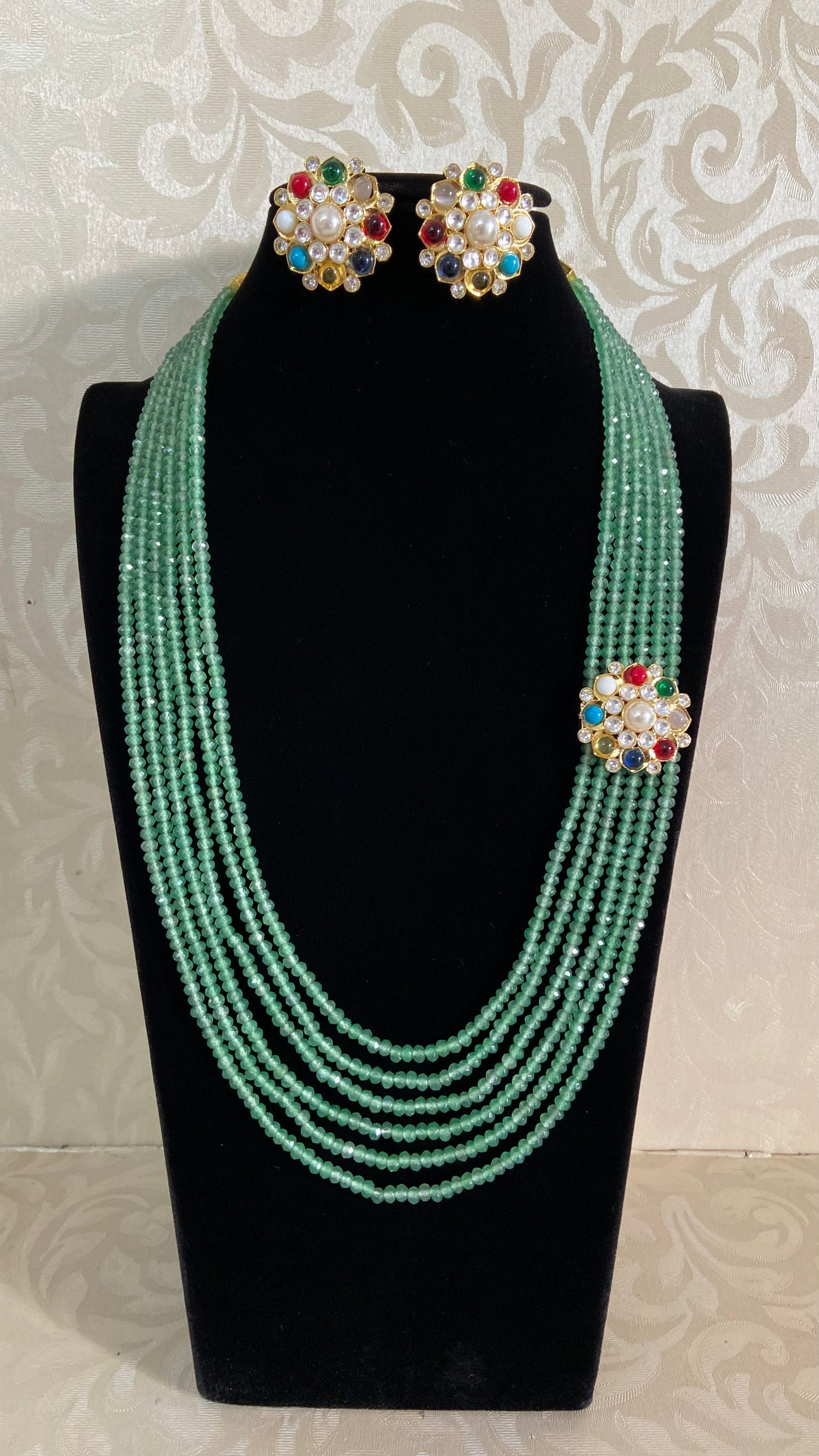 Navaratan Side Pendant Beads Mala With Studs | Indian Jewelry In USA