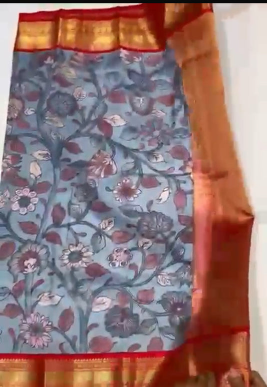 Pure Gadwal Kalamkari Kanchi Border Pattu Saree | Fusion Silk Saree | Indian Traditional Saree.