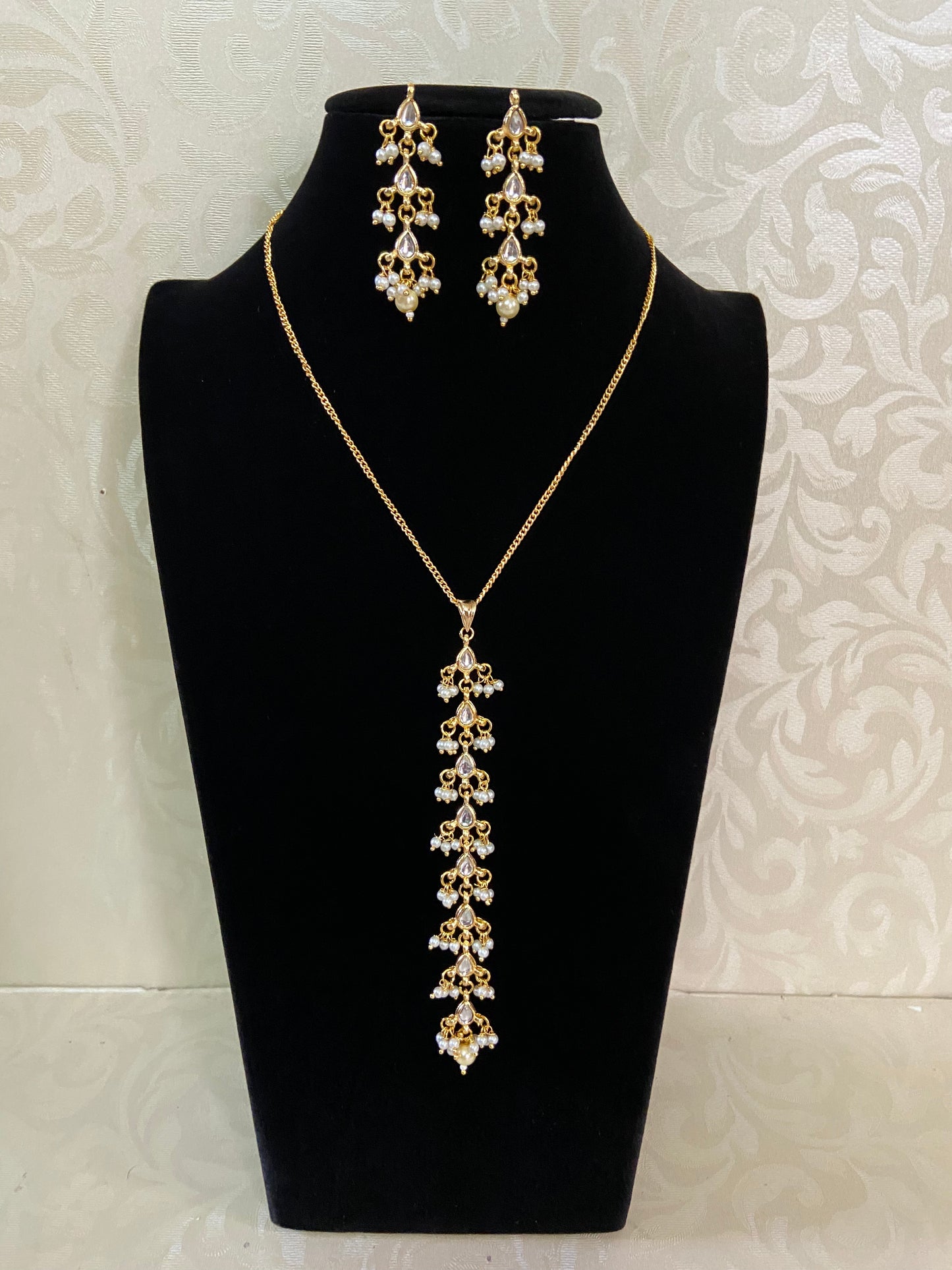 Kundan & Pearl Pendant Chain  Necklace With Earrings