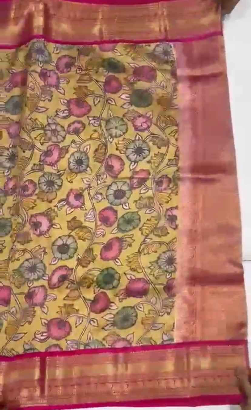 Pure Gadwal Kalamkari Kanchi Border Pattu Saree | Fusion Silk Saree | Indian Traditional Saree.