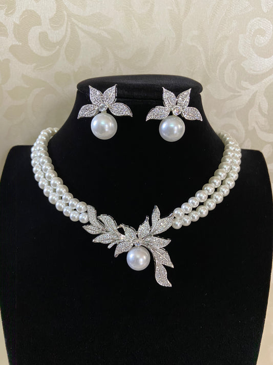 CZ Pearl Choker With Earrings |  Classic Pearl Necklace