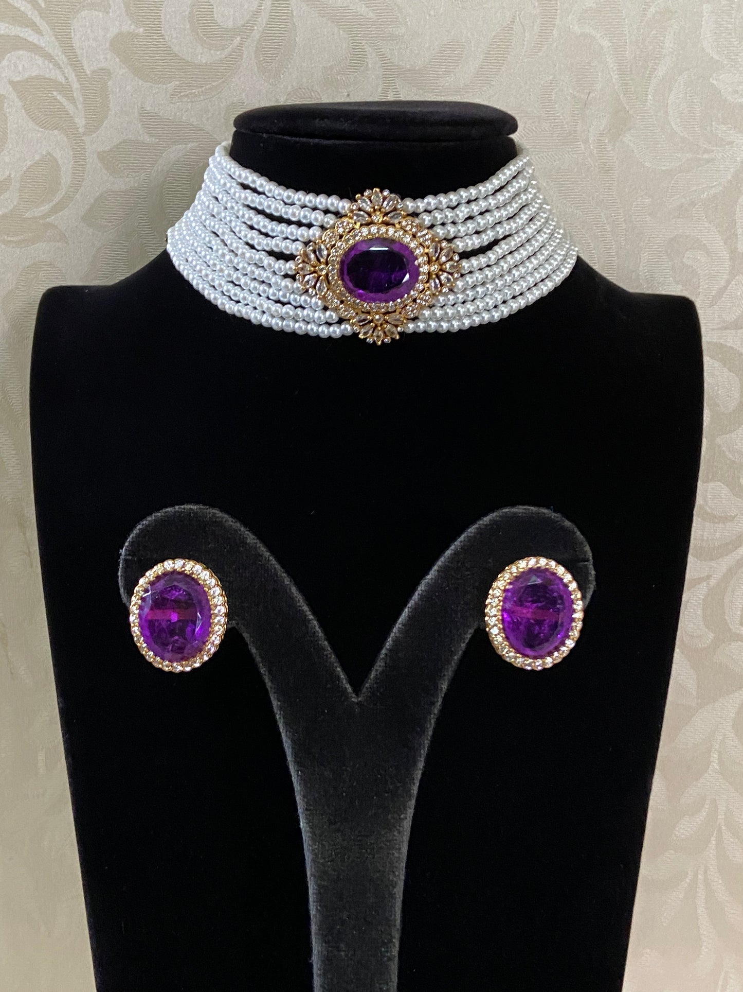 CZ Kundan  Pearl Choker Set | Antique Indian Necklace
