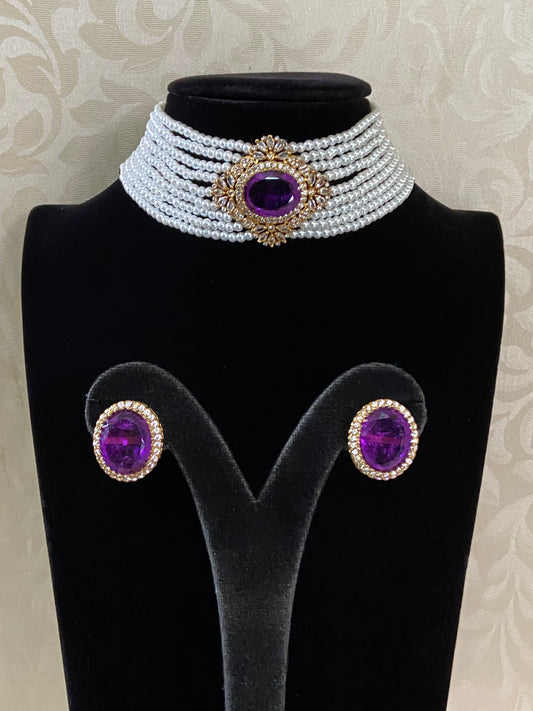 CZ Kundan  Pearl Choker Set | Antique Indian Necklace